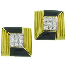 1960s 1.60ct Round Cut Diamond Onyx 18k Yellow Gold Platinum Square Shield Earrings