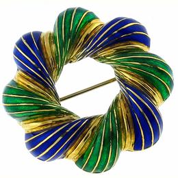 Green & Blue Enamel 18k yellow gold pin 1