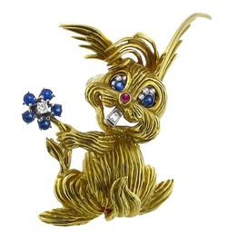 18k yellow gold sapphire ruby diamond bunny pin 1