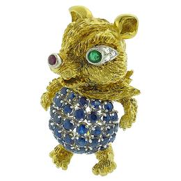 14k yellow gold sapphire diamond ruby emerald bear pin 1