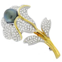 black pearl 18k white gold flower pin 1