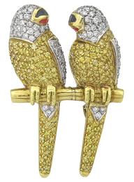 natural fancy yellow and white diamond 18k gold bird pin front view photo