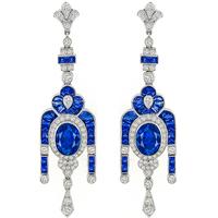 Estate Art Deco Style 6.33ct Oval & 3.33 Faceted Cut  Sapphire 2.03ct Round & Pear Shape Diamond 18k White Gold Chandelier Earrings 