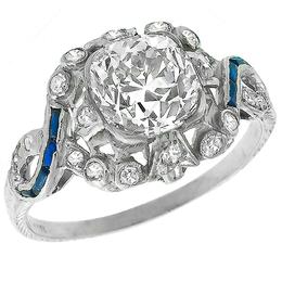 Art Deco 2.19ct Diamond Sapphire Platinum  Engagement Ring 1