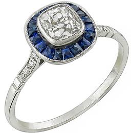 Art Deco  0.57ct Cushion  Cut Diamond Sapphire Platinum Engagement Ring