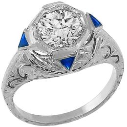 Art Deco 1.28ct Old Mine Cut Diamond Trilliant Cut Sapphire 18k White Gold Engagement Ring