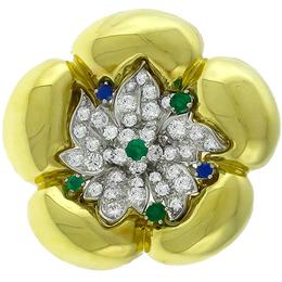 18k yellow gold platinum diamond emerald sapphire floral pin  1