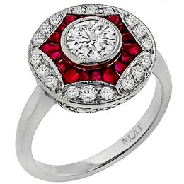 Art Deco Style 0.70ct Round Cut Diamond Ruby Platinum Engagement  Ring 