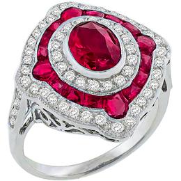 Art Deco Style 1.10ct Oval Cut 1.13ct Faceted Cut Ruby  0.63ct Round Cut Diamond 18k White Gold Ring 