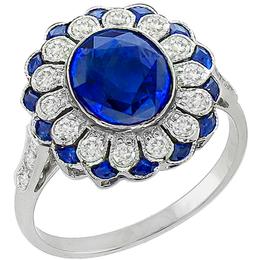 Art Deco Style 1.56ct Oval Cut Center Sapphire & 0.35ct Faceted Cut Sapphire 0.42ct Round Cut Diamond 18k White Gold Ring   