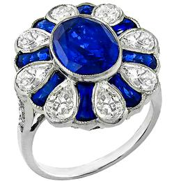 Art Deco Style  3.49ct Oval Cut Center & 1.61ct Faceted Cut Sapphire 2.20ct Pear Shape Diamond 18k White Gold Ring 