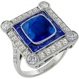 Art Deco Style 3.95ct Cushion Cut Center & 0.95ct Faceted Cut Sapphire 1.62ct Princess & Round Cut Diamond 18k White Gold Ring 