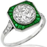 Estate Art Deco Style 2.28ct Old European Brilliant Diamond  Emerald 18k White Gold Engagement Ring 