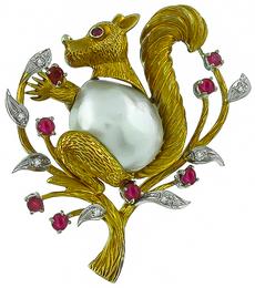 Baroque Pearl 0.75ct Ruby Diamond Squirrel Pin Photo 1