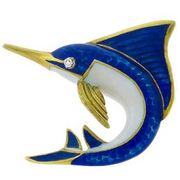 18k yellow gold enamel sail fish pin 1