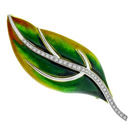 Diamond Enamel Gold Leaf Pin