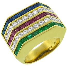 18k yellow gold diamond, ruby, emerald  and sapphire ring 1