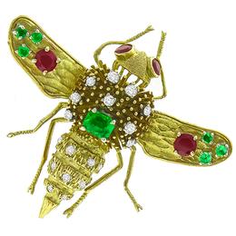 Ruby Emerald Diamond Gold Bee Pin 