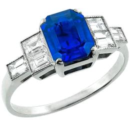 Estate 1.66ct Emerald Cut Ceylon Sapphire 0.60ct Baguette Cut Diamond Platinum Engagement Ring 