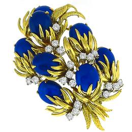 Estate 1960s 2.00ct Round Cut Diamond Cabochon Oval Lapis 18k Yellow Gold Fruity Floral Pin