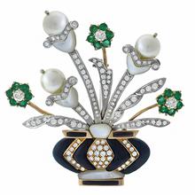 diamond, emerald,  pearl, onyx,  mother of pear 14k yellow and white gold  floral vase pin 1