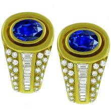 Estate 3.50ct Oval Cut Sapphire 1.60ct Baguette and Round Cut Diamond 14k Yellow Gold Earrings