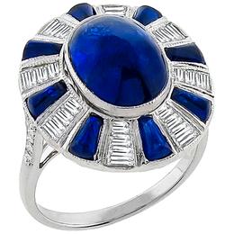 Estate 5.13ct Cabochon Center & 1.60ct Cabochon Tapered Sapphire 0.67ct Baguette Diamond 18k White Gold Ring