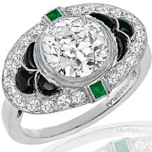Estate GIA Certified 1.96ct Cushion Brilliant Diamond Onyx Emerald Platinum Engagement Ring
