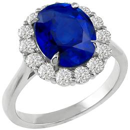 Estate Princess Diana  4.56ct Oval Cut Ceylon Sapphire 0.85ct Round Cut Diamond 18k White Gold Engagement Ring 