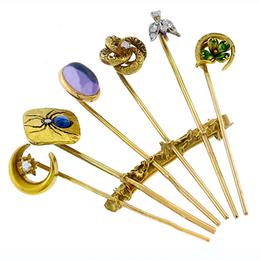 diamond,  sapphire, amethyst & enamel 14k yellow gold stack of stick pins 1