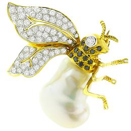 diamond baroque pearl  18k yellow gold queen bee pin 1