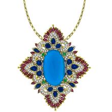 Turquoise Sapphire, Ruby, Diamond & Emerald  Gold Pin/ Pendant