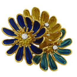 18k yellow gold enamel diamond flower pin 1