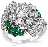 Estate 0.80ct Center Diamond 1.10ct Side Diamond 0.70ct Emerald Cocktail Ring