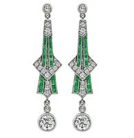 Art Deco Style 1.73cttw Diamond 0.65ct Emerald Drop Earrings