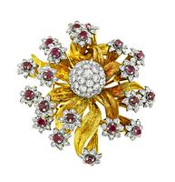 Estate Edwin Pearl 4.00ct Diamond 2.00ct Ruby Gold Flower Pin