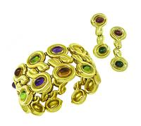 Estate 24.00ct Multi Color Gemstone Gold Bangle and Earrings Set