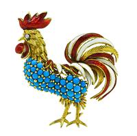 Estate Turquoise Enamel Gold Rooster Pin