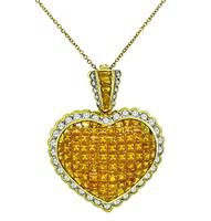 Estate 7.00ct Yellow Sapphire 3.00ct Diamond Gold Heart Pin / Pendant