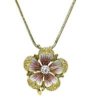 Victorian 0.65ct Diamond Enamel Gold Flower Pendant Necklace