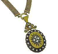 Vintage Pearl Diamond Enamel Gold Pendant Necklace