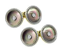 Vintage Mother of Pearl Diamond Gold Cufflinks