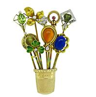 Victorian Diamond Multi Color Gemstone Enamel Gold Thimble Basket Pin