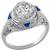 Art Deco 1.28ct Old Mine Cut Diamond Trilliant Cut Sapphire 18k White Gold Engagement Ring